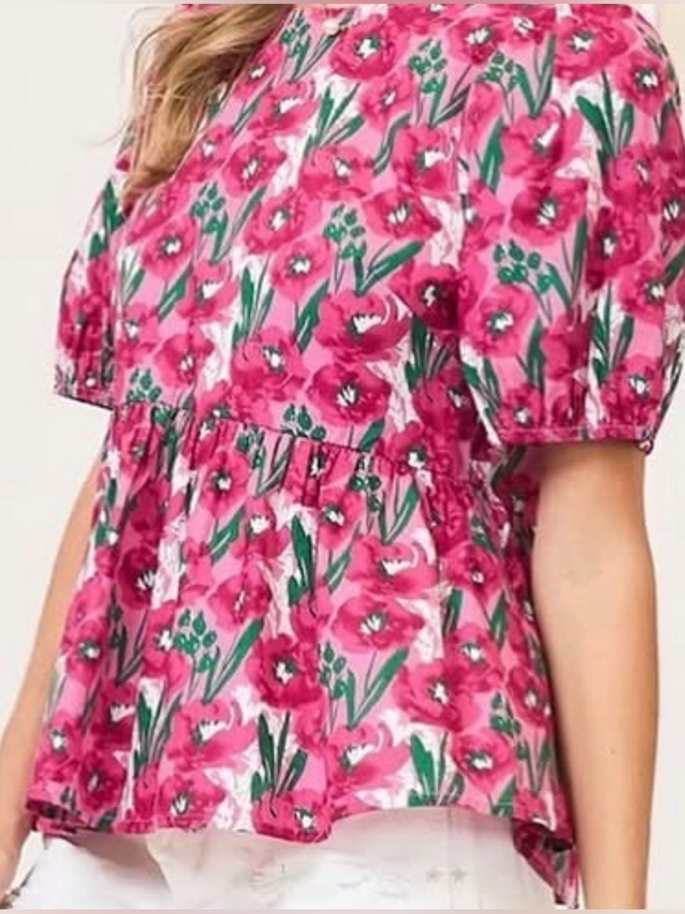 Umgee Pink Floral Puff-Sleeve Peplum Top